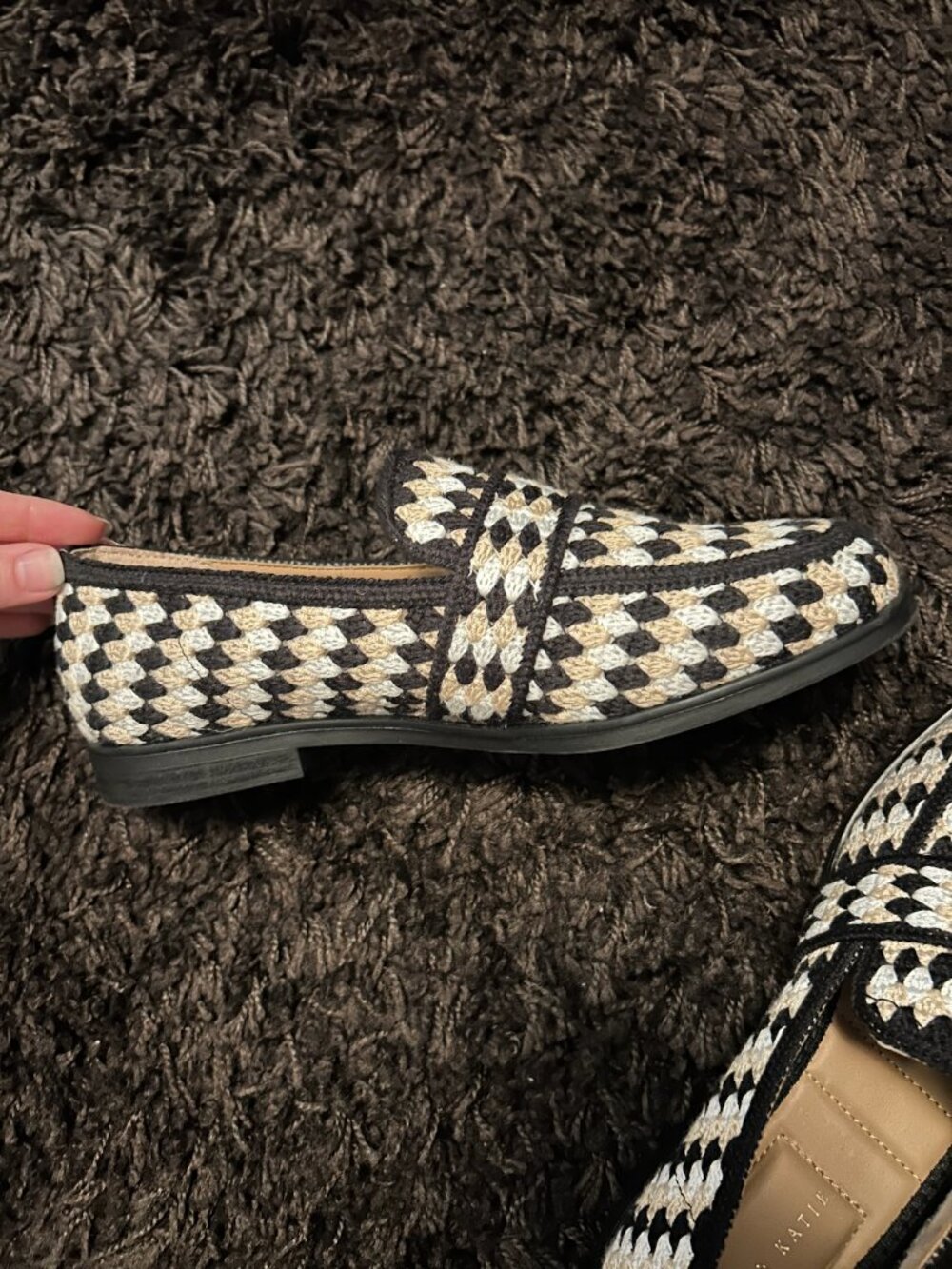 Kelly & Katie Black, White, Tan Knit Crochet Fabric Loafers, Size 7.5